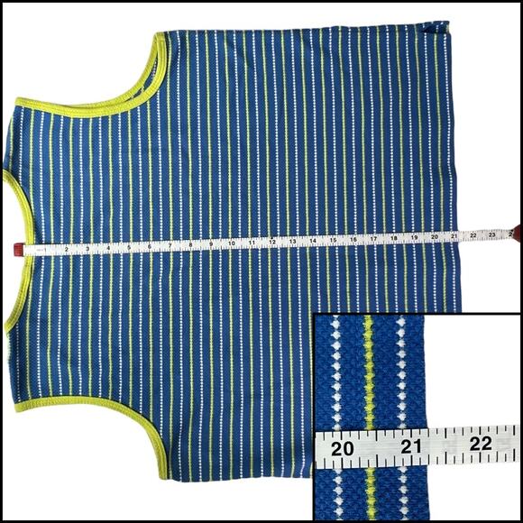 Ladies Blue Summer Knit Tank Top White & Yellow Stripes Contrasting Yellow Trim - Picture 12 of 13